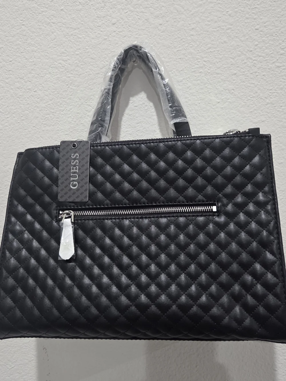 Guess G-Lux Status Black Quilted Satchel with Top Handles Black White Multi NWT